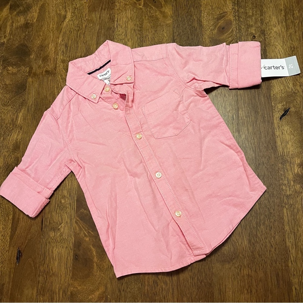 NWT Carter’s Long Roll Sleeve Casual Button Up Shirt 2T Coral Peach Pink Easter